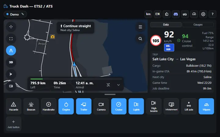 Truck Dash in navigation mode: the map rotates with the truck, turn prompt, speed and cruise readout