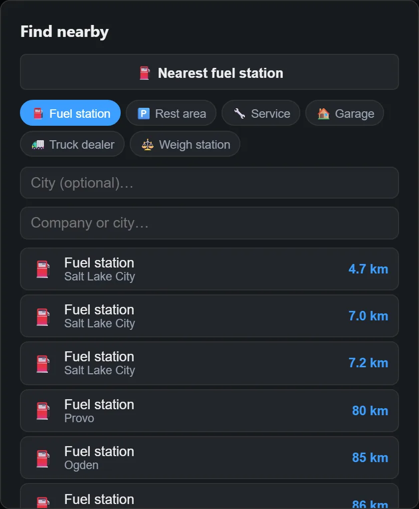 Find nearby panel listing fuel stations sorted by distance