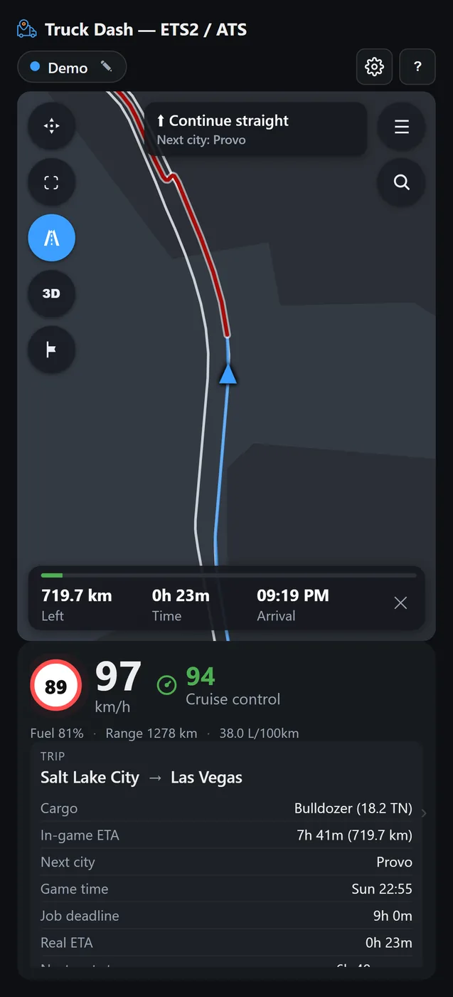 Truck Dash GPS navigation mode with speed limit