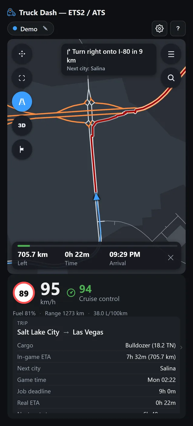 Truck Dash GPS navigation mode, close up on an intersection