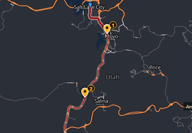 Route through two numbered waypoints near Cheyenne with fuel and rest stops on the map